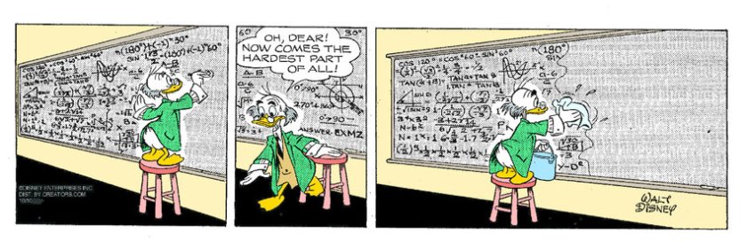 Ludwig von Drake comes to 'the hardest part of all': erasing all the stuff filling his blackboard.