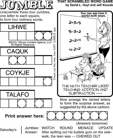 Words: LIHWE, CAQUK, COYKJE, TALAFO. Unscramble to - - - O O, O O - - -, - - - - - O, - - O - O -, and solve the puzzle: 'The math teacher liked teaching addition and subtraction - - - - - - -'.