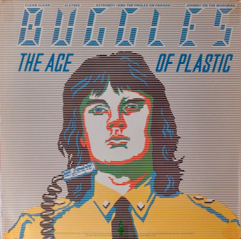 The Geoff Downes side of the Buggles's ``The Age Of Plastic'': a posterized version of Downes, with a heavy audio cable plugged into his neck. The whole picture is posterized to a few colors and interrupted with horizontal lines evoking an old-fashioned television set's resolution interruption. Atop in seven-segment LED typeface is 'BUGGLES', and in an italicized gothic font 'THE AGE OF PLASTIC'.