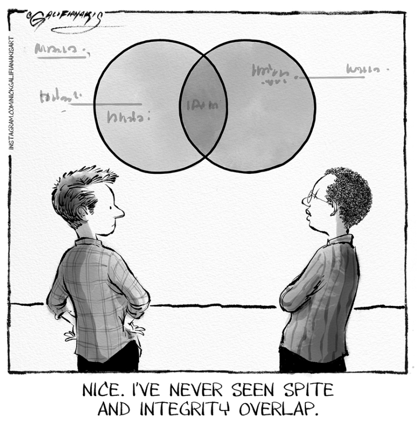 Nick(?), looking at a Venn diagram: 'Nice. I've neer seen spite and integrity overlap.'