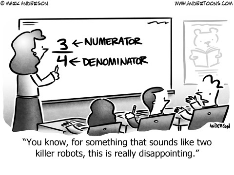 On the board, the fraction 3/4 with the numerator and denominator labelled. Wavehead: 'You know, for something that sounds like two killer robots, this is really disappointing.'