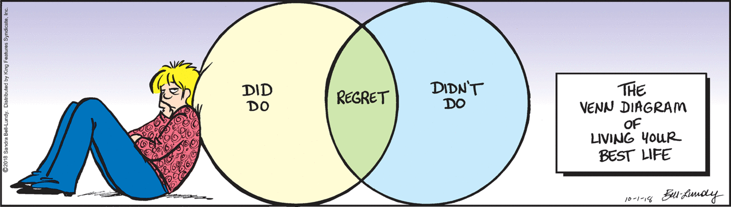 [ The Venn Diagram of Living your Best Life ] The balloons are 'Did Do' and 'Didn't Do', with the overlap 'Regret'.