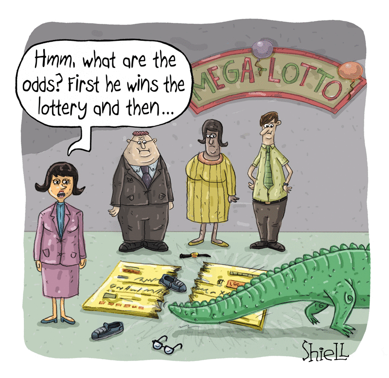 Mega Lotto speaker: 'Hmm, what are the odds? First he wins the lottery and then ... ' A torn-up check and empty shoes are all that's left as a crocodile steps out of panel.