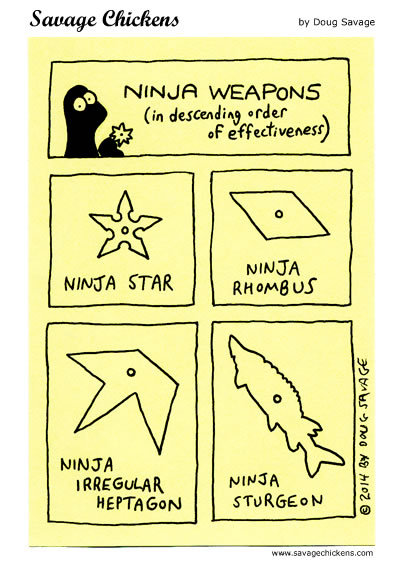 Title: Ninja Weapons in descending Order of Effectiveness. Ninja Star; Ninja Rhombus; Ninja Irregular Heptagon; Ninja Sturgeon.