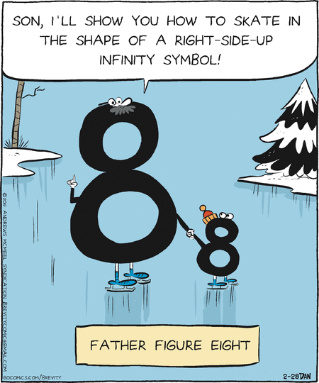 Father Figure Eight. A big 8, wearing ice skates and holding a tiny 8's hand, says, 'Son, I'll show you how to skate in the shape of a right-side-up infinity symbol!'