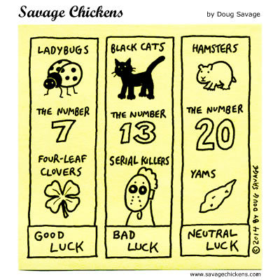 Panel of good luck: ladybugs, the number 7, and four-leaf clovers. Panel of bad luck: black cats, the number 13, and serial killers. Panel of neutral luck: hamsters, the number 20, and yams.