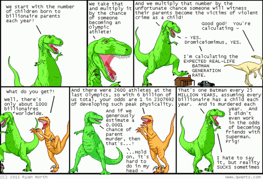 T-Rex: 'Start with the number of children born to billionaires each year! Multiply by the chance of someone becoming an Olympic athlete! And multiply that by the unfortunate chance someone will witness their parents become victims of a violent crime as a child!' Dromiceiomimus: 'Good god! You're calculating---' T-Rex: 'YES. The expected real-life Batman generation rate.' Utahraptor: 'What do you get?' T-Rex: 'There's only about 1000 billionaires worldwide.' Utahraptor: 'And there were 2600 athletes last Olympics, so your odds are 1 in 2,307,692 of such peak physicality.' T-Rex: 'And if we estimate a 0.0001 chance of parent murder then ... that's one Batman every 25 million years, assuming every billionaire has a child each year. And is murdered each year. And I didn't even work the odds of becoming friends with Superman. I hate to say it, but reality SUCKS sometimes.'