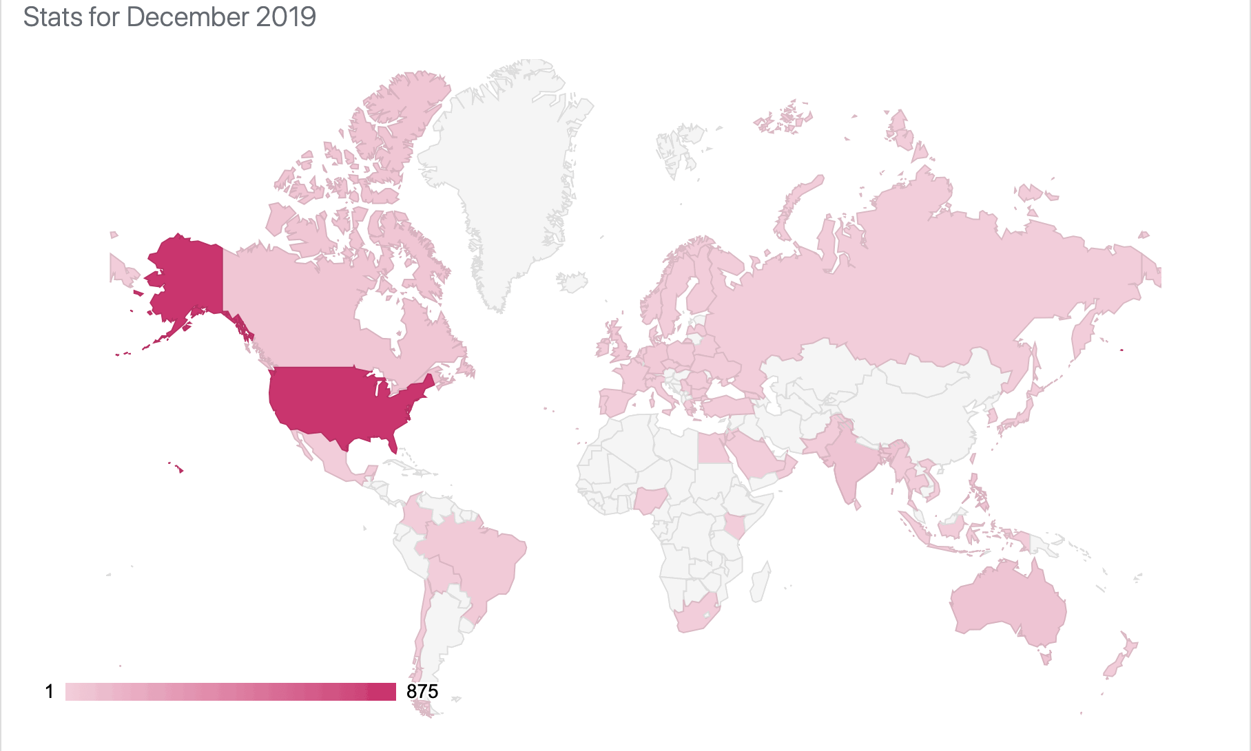 Mercator-style map of the world, with the United States in darkest red. Canada, Mexico, Brazil, most of Europe, South Asia, and Australia and New Zealand are in a fairly uniform pink too. There are a smattering of African and South American countries also offering readers.