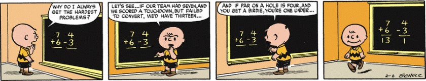Charlie Brown, looking at the problems 7 + 6 = and 4 - 3 = on the board: 'Why do I always get the hardest problems? Let's see. If our team had 7, and we scored a touchdown but failed to convert, we'd have 13. And if par on a hole is four, and you get a birdie, you're one under.' He walks away, having successfully done 7 + 6 = 13 and 4 - 3 = 1.