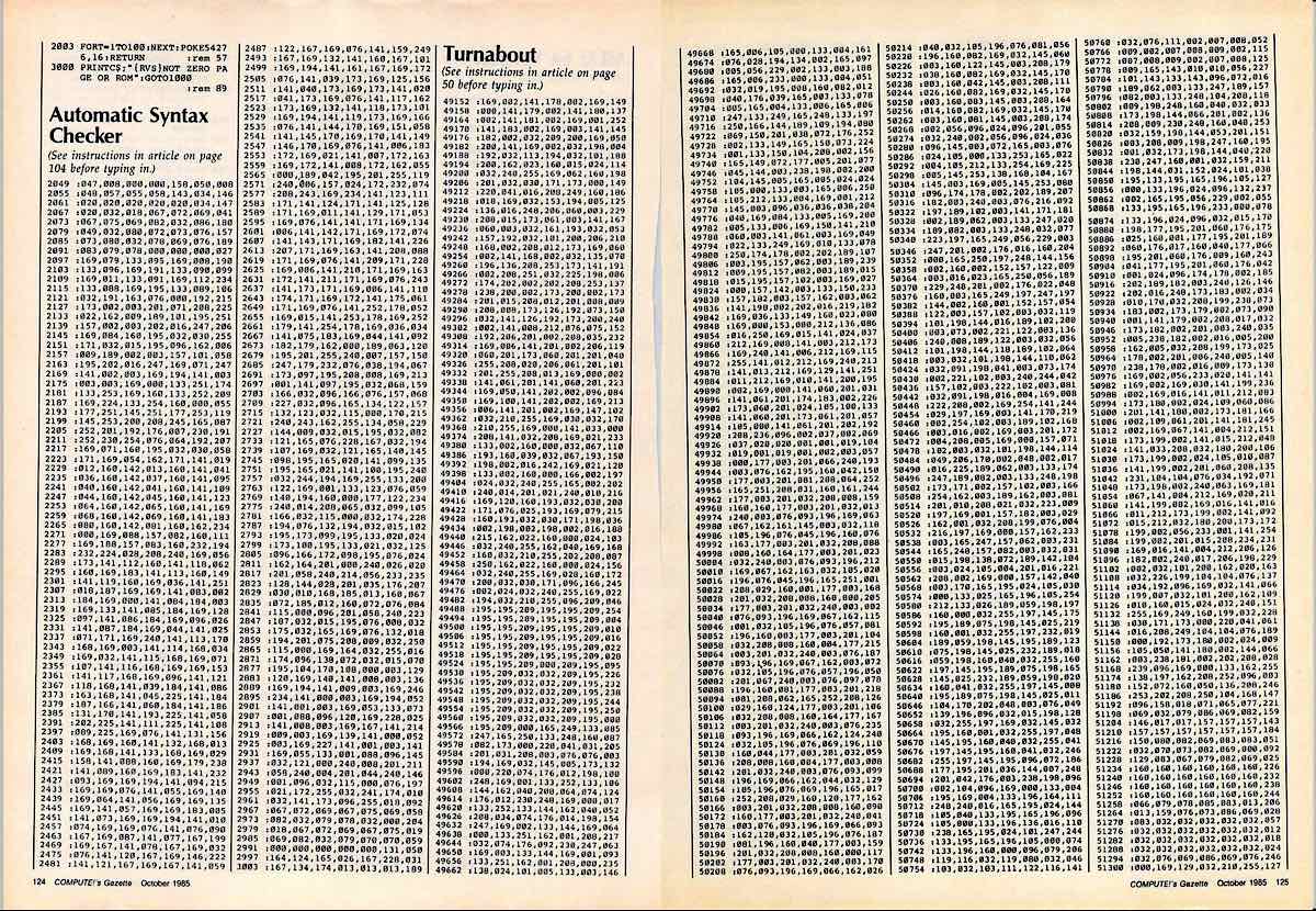 Two pages of Compute!'s Gazette, showing six columns of 91 lines each of type-in programming. Each line is a string of numbers like 49152 :169,002,141,178,062,169,149 and it's all hypnotic or dizzying to read.