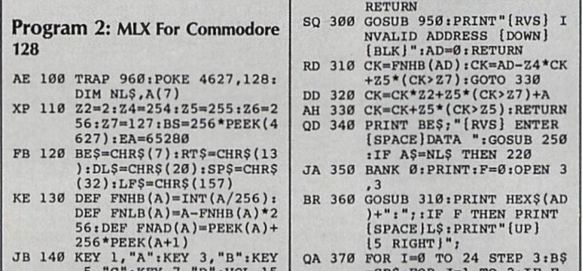 Excerpt from two columns of the BASIC code for the Commodore 128 version of MLX. The first column includes several user-defined functions. The second column uses them as part of calculating the checksum.